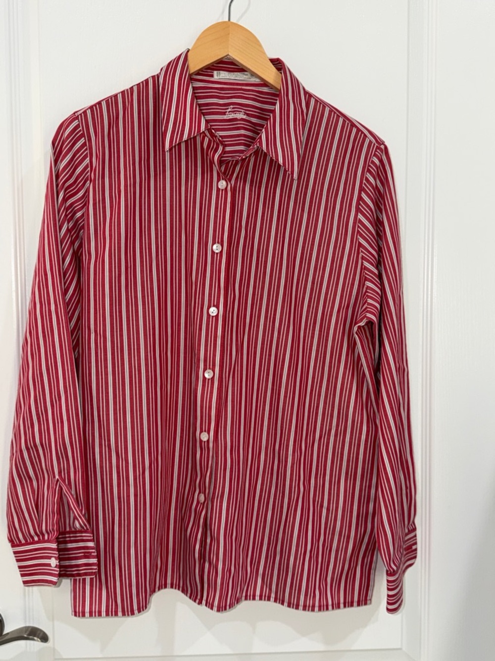 VTG Foxcroft Red Striped Long Sleeve Blouse Shirt Women's Size 12P Wrinkle Free